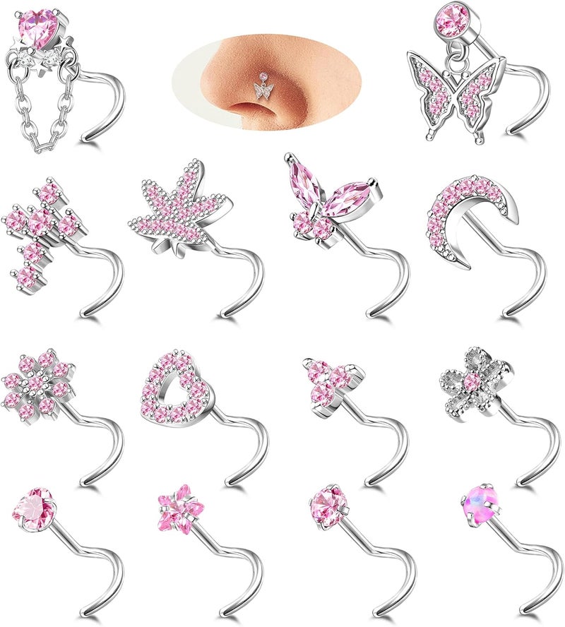 Drperfect Gold Silver Nose Rings Nose Studs for Women Nose Piercings 20G L Shaped Corkscrew Dangle Nose Rings Studs Simulated Diamond Pink CZ Opal Dangling Dangly Hanging Nose Piercing Jewelry with Heart Star Butterfly Flower Cross Moon Charm Cute Dainty Nose Jewelry - Image 1